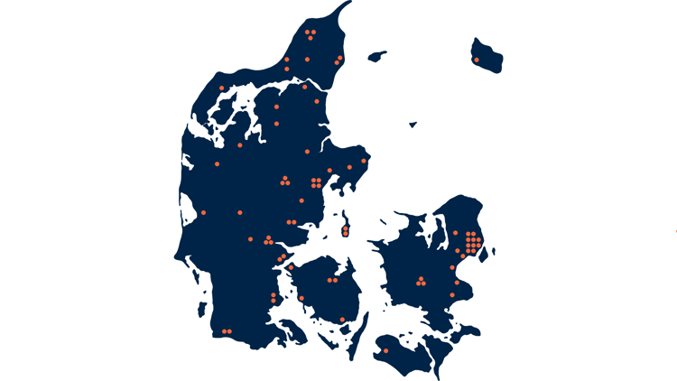 Danmarkskort med punkter, der viser, hvor i landet der bliver givet penge til cykelprojekter